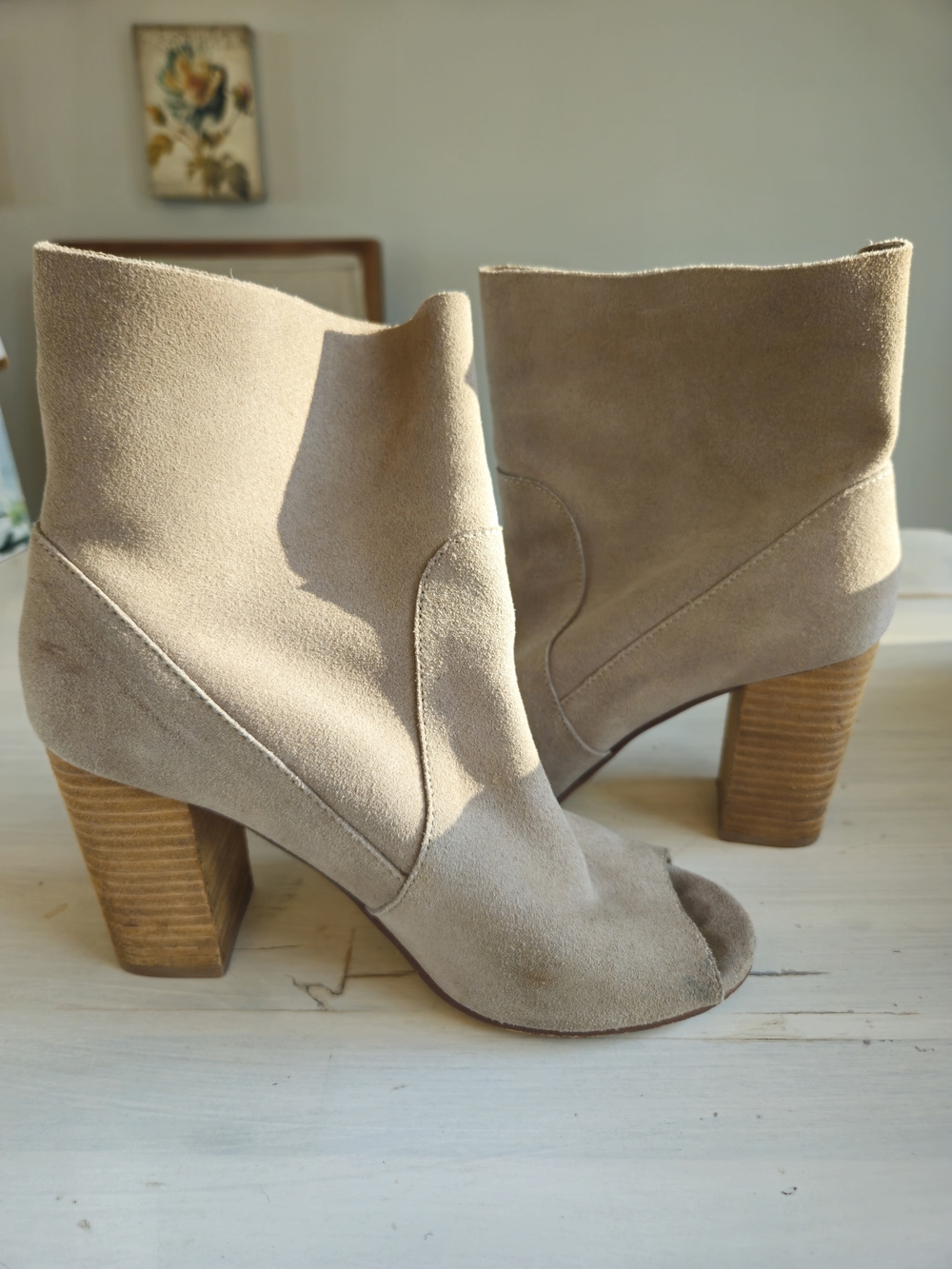 Beige Suede Peep-Toe Block Heel Ankle Boots - Women - Picture 4 of 4